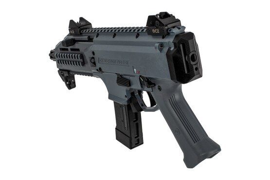 CZ Scorpion EVO 3 S1 pistol features a rear picatinny rail for attaching a stabilizing brace